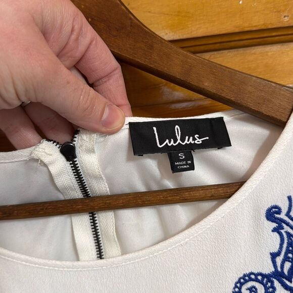 Lulus White Blue Embroidered Boho Mini Dress Women’s Small - Picture 4 of 8